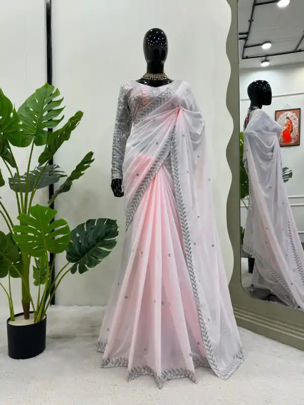 Peaceful Off Light Pink Color Georgette Thread Sequence Saree