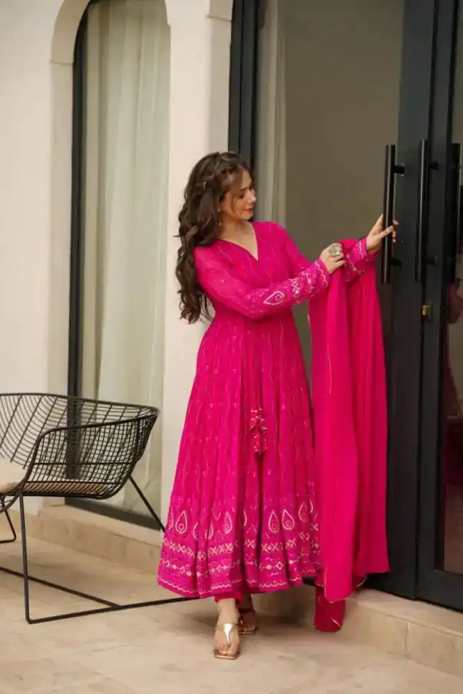 Perfect Pink Color Faux Georgette Sequence Thread Anarkali Suit - Image 2