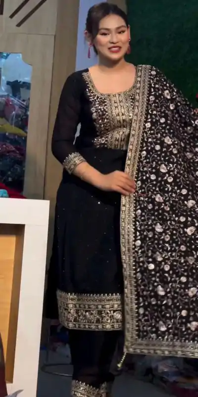 Pretty Black Color Chinnon Silk Embroidery Sequence Salwar Suit