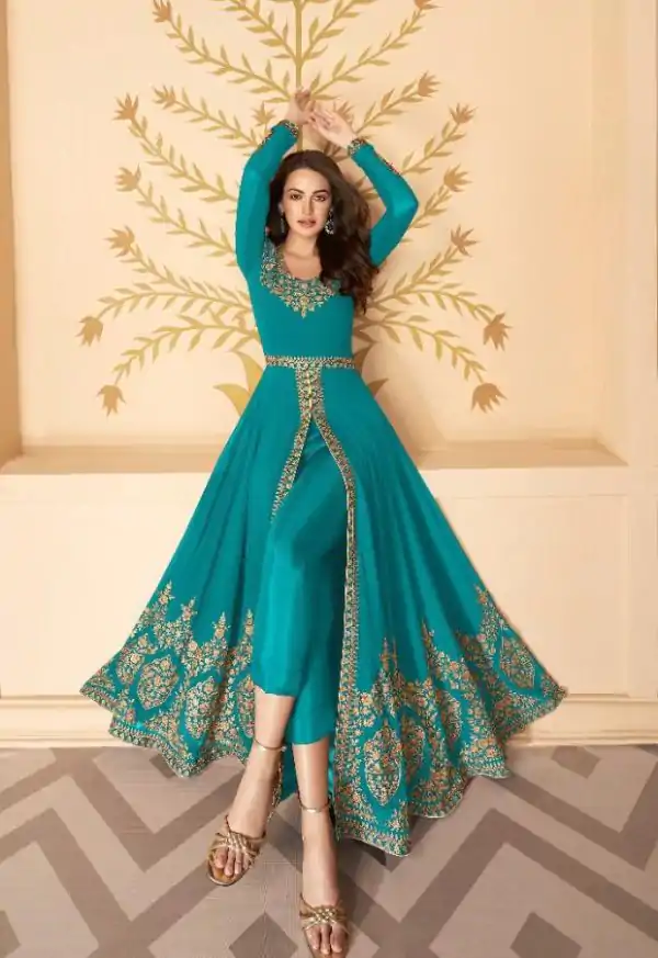 Pretty Blue Color Georgette Embroidery Sharara Suit