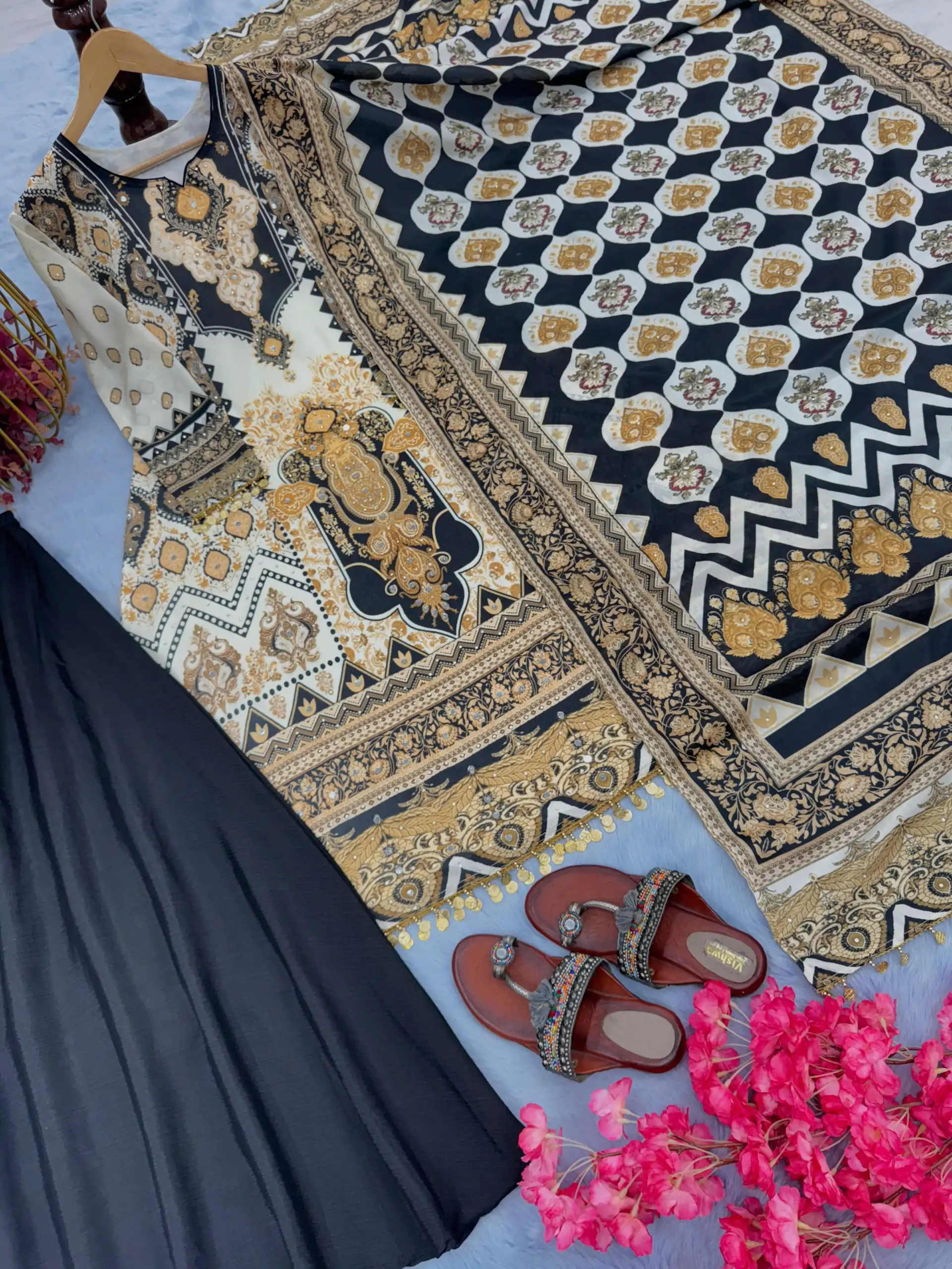 Pure Black Color Chinon Silk Digital Printed Work Sharara Suit - Image 2