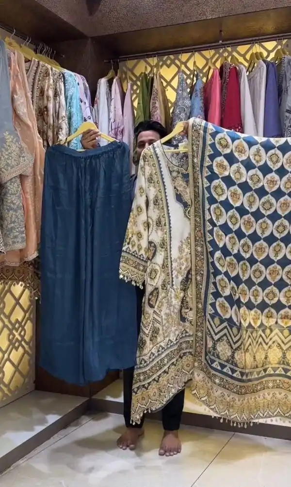 Pure Blue Color Chinon Silk Digital Printed Work Sharara Suit