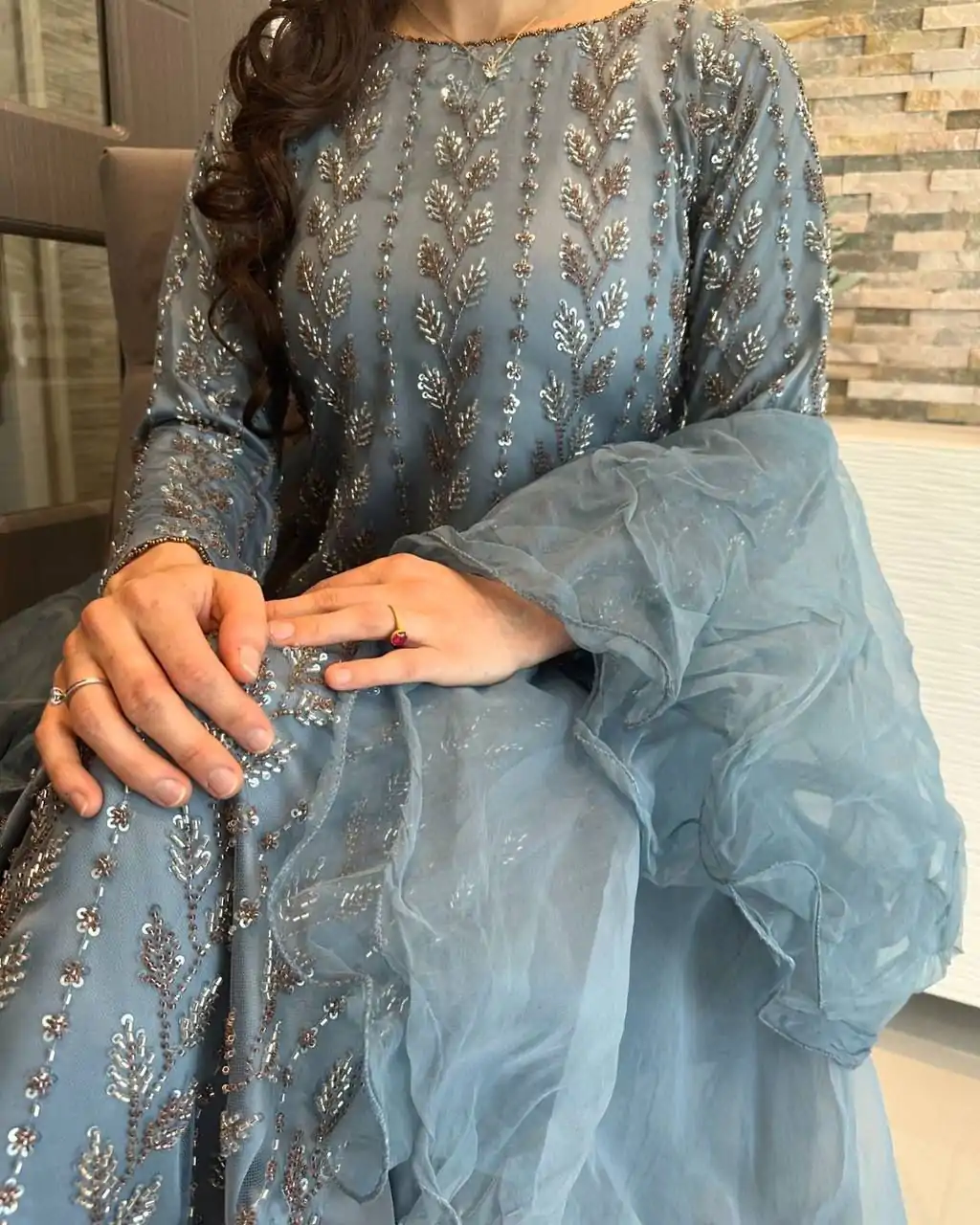 Superb Blue Color Muslin Digital Printed Hand Work Salwar Suit - Image 2