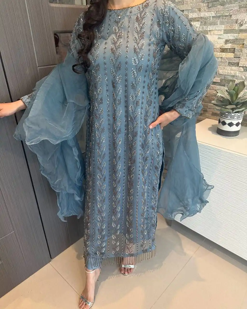 Superb Blue Color Muslin Digital Printed Hand Work Salwar Suit
