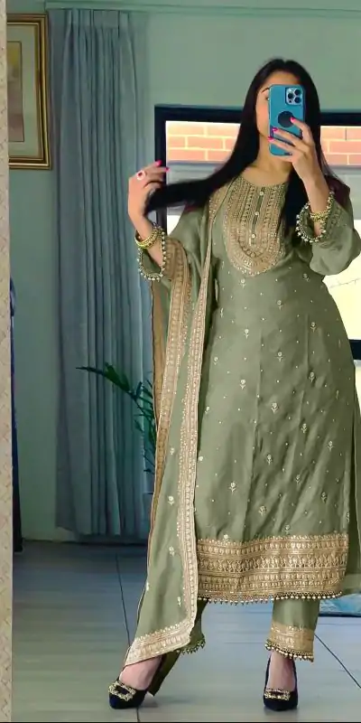 Superb Green Color Chinnon Silk Embroidery Salwar Suit