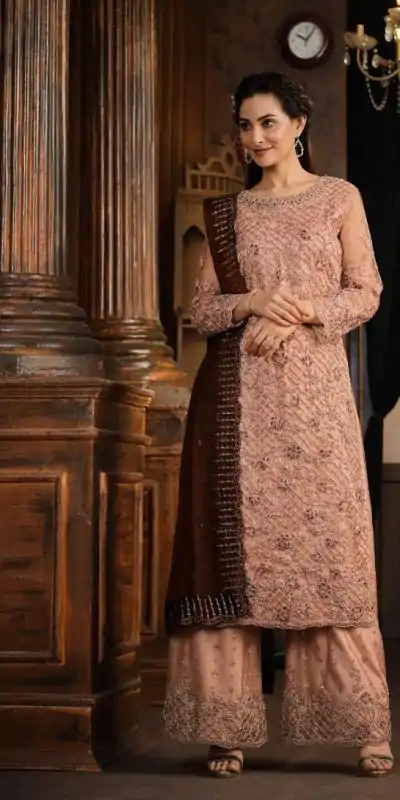 Superb Onion Heavy Net Coding Sequence Embroidery Salwar Suit