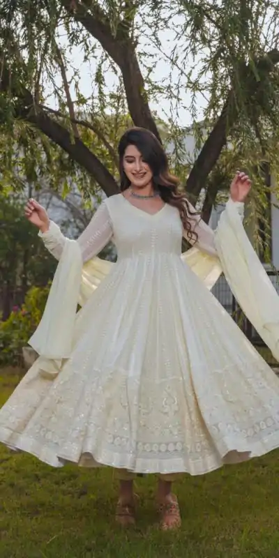 Captivating White Color Georgette Embroidery Sequence Gwon