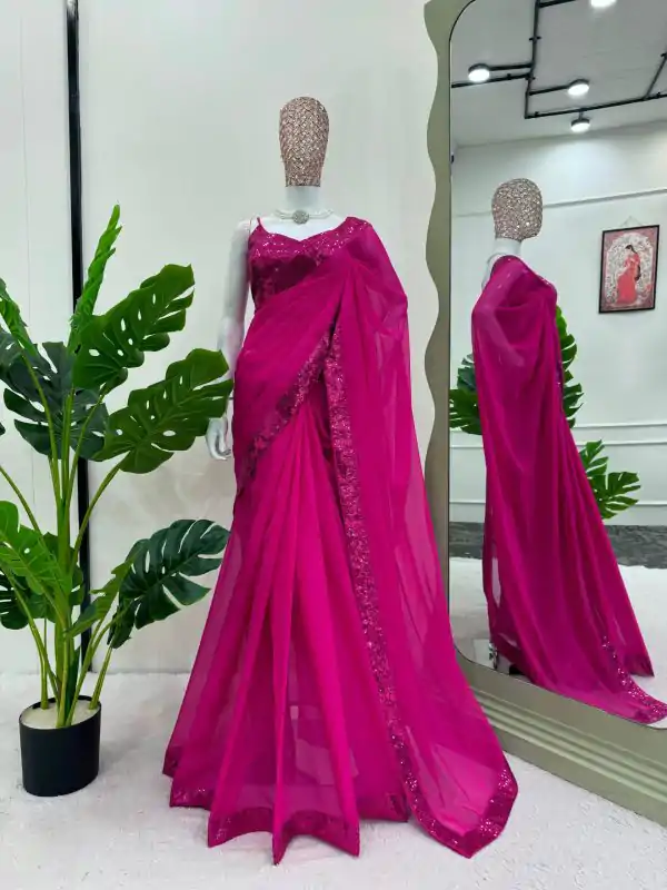 Classic Rani Pink Color Tabby Silk Sequence Beglory Silk Saree