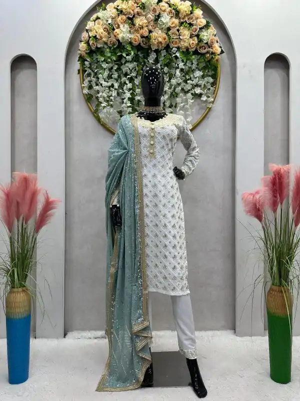 Classic Firozi Color Georgette Thread Sequence Salwar Suit
