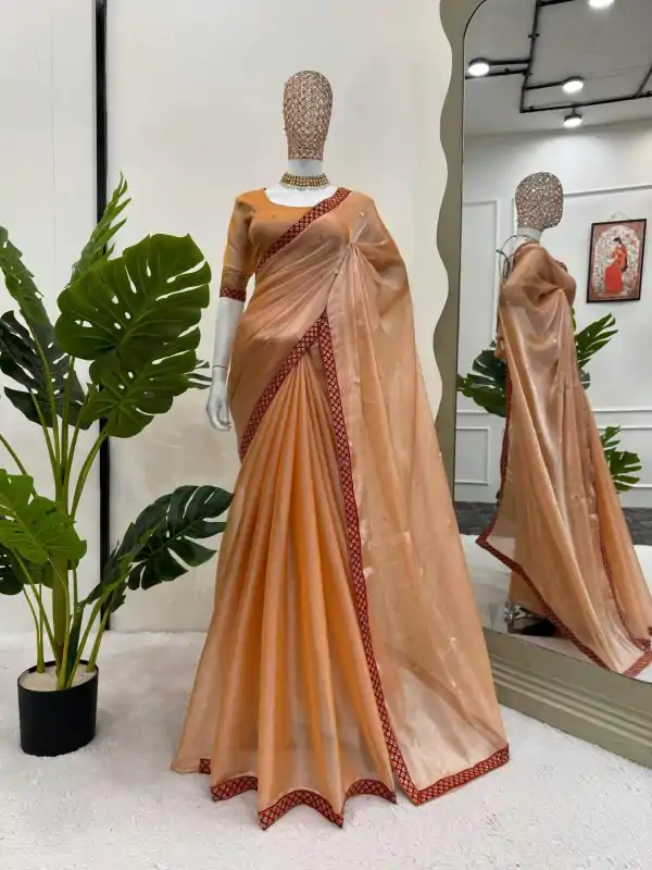 Dazzling Coral Color Burberry Silk Thread Sequence Saree