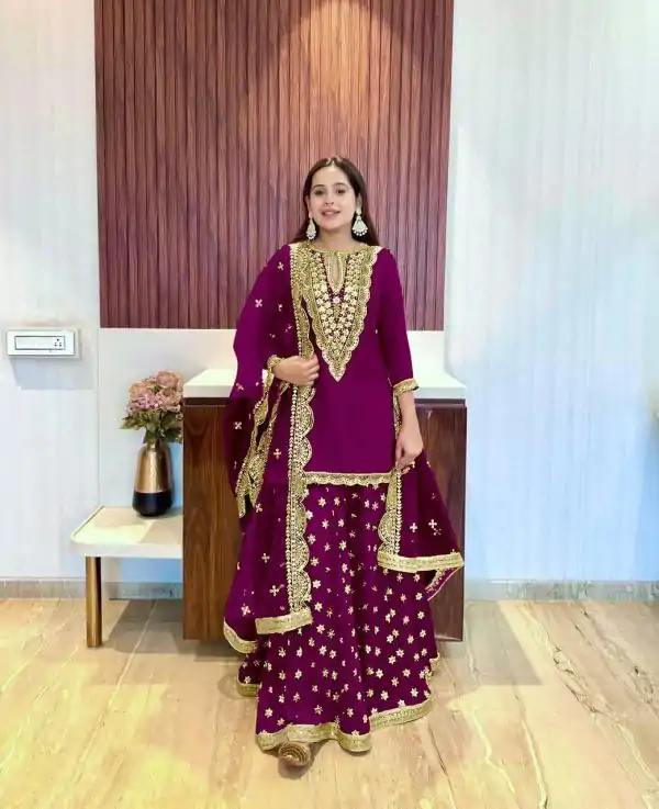 Dazzling Purple Georgette Embroidery Mirror Work Salwar Suit
