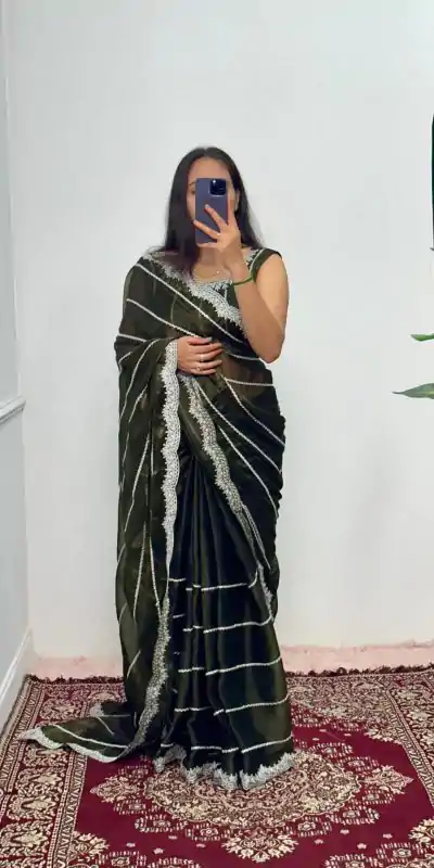 Fancy Mehndi Color Burberry Blooming Embroidery Zari Saree