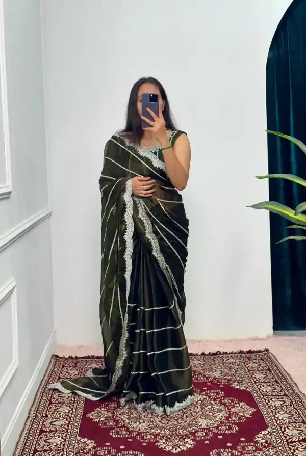 Fancy Mehndi Color Burberry Blooming Embroidery Zari Saree