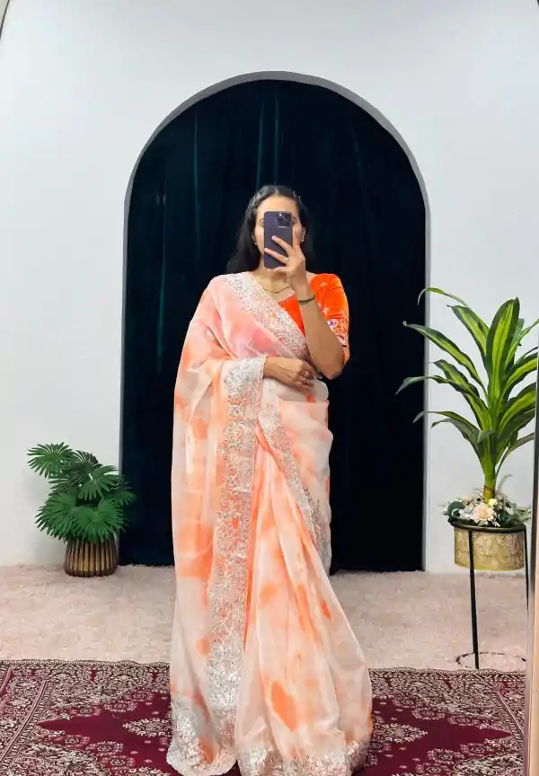 Fancy Orange Color Burberry Blooming Zari Embroidery Saree