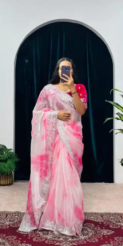 Fancy Pink Color Burberry Blooming Zari Embroidery Saree