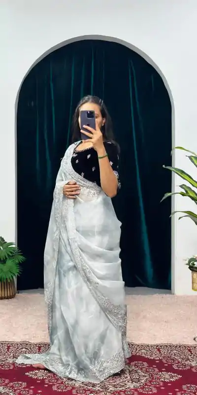 Fancy White Color Burberry Blooming Zari Embroidery Saree