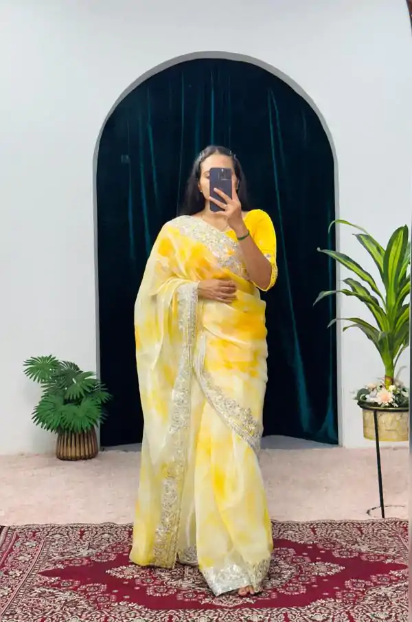 Fancy Yellow Color Burberry Blooming Zari Embroidery Saree