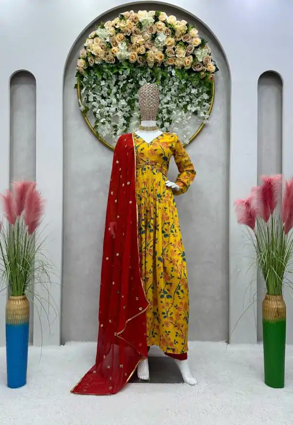 Fancy Yellow Color Muslin Digital Printed Hand Work Salwar Suit