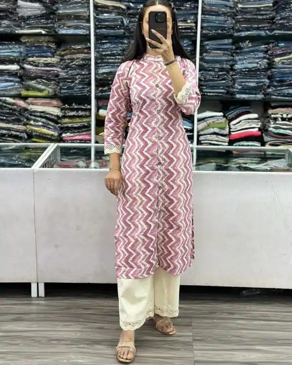 Gorgeous Purple Color Cameric Cotton Wid Stitch Button Kurti