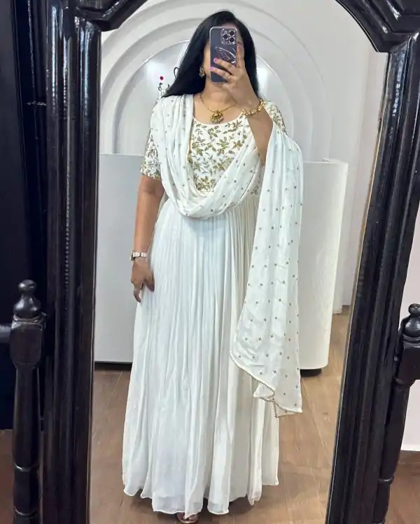 Graceful White Color Chinon Silk Thread Sequence Anarkali Suit