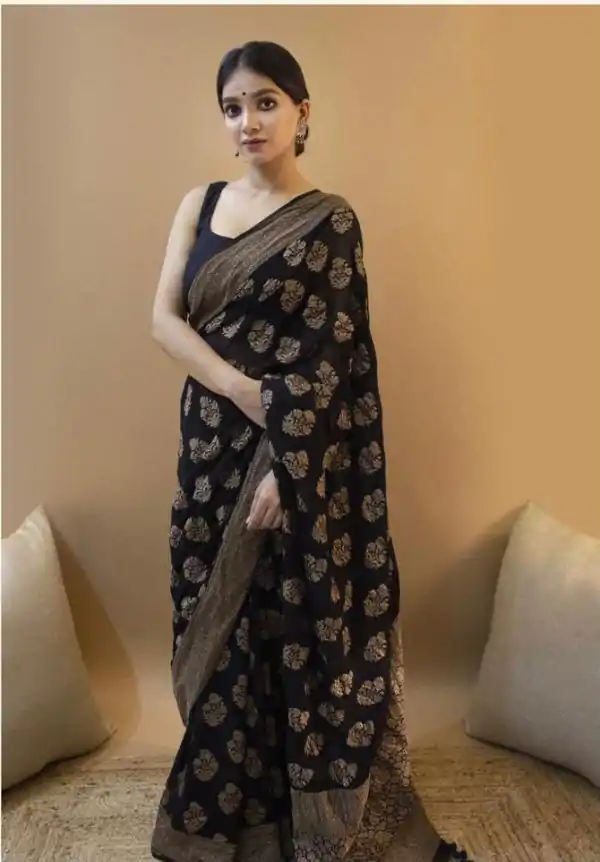 Majestic Black Color Soft Lichi Silk Jacquard All Over Saree