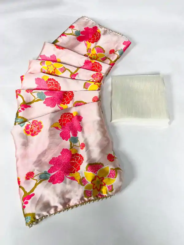 Nice Peach Color Satin Silk Floral Printed Lace Border Work Saree
