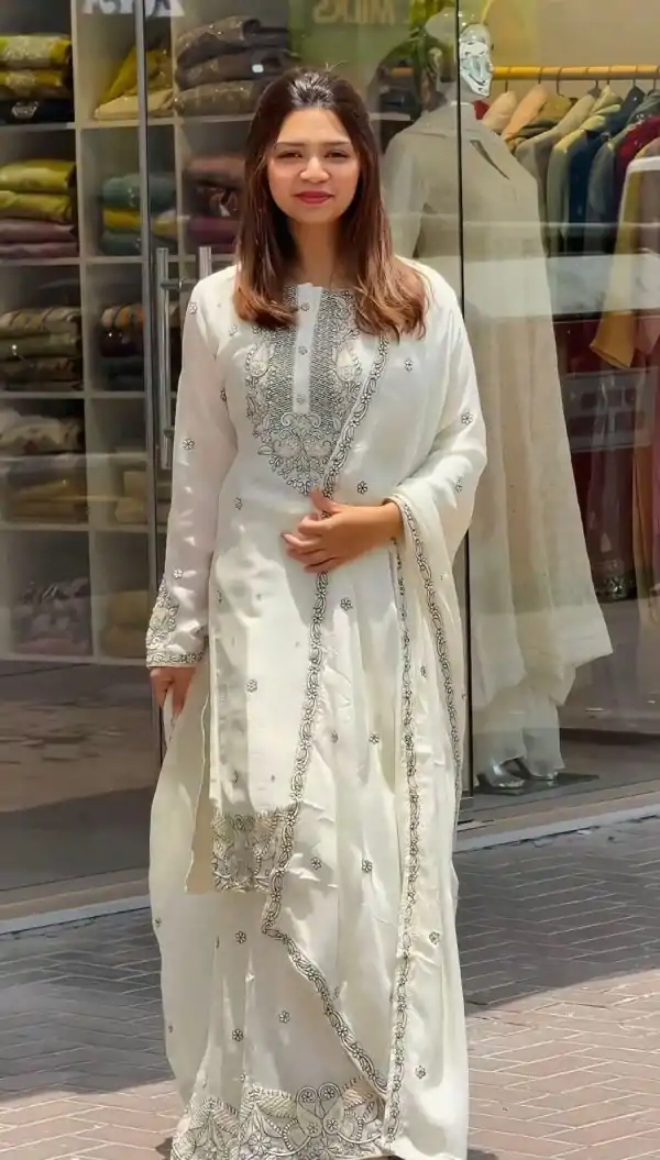 Nice White Color Georgette Thread Sequence Salwar Suit