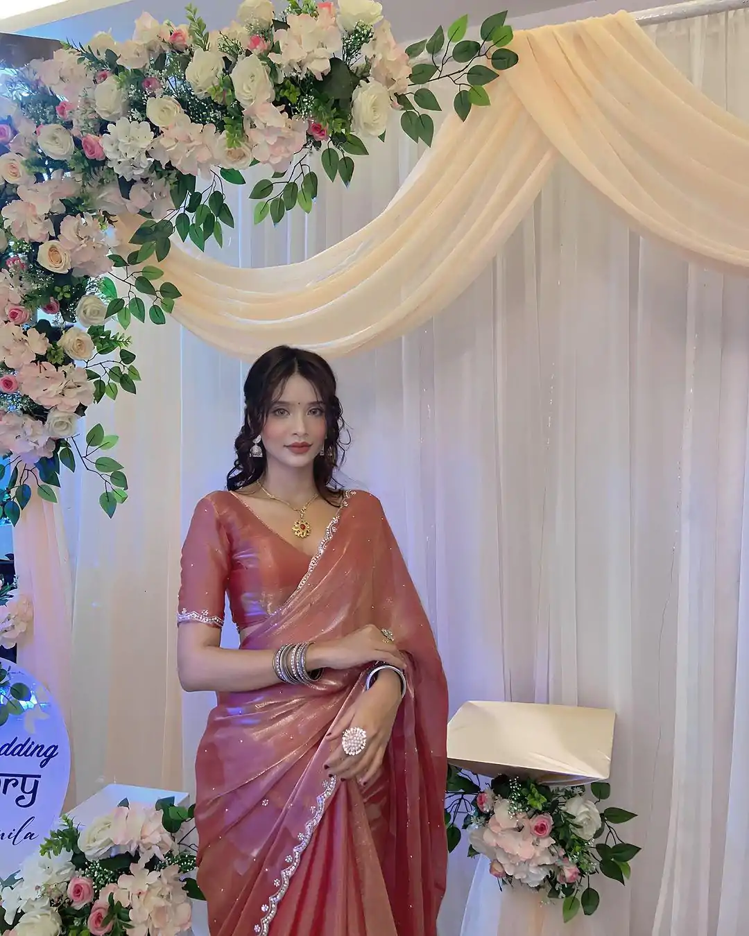 Peaceful Peach Color Burberry Blooming Embroidery Zari Saree - Image 2