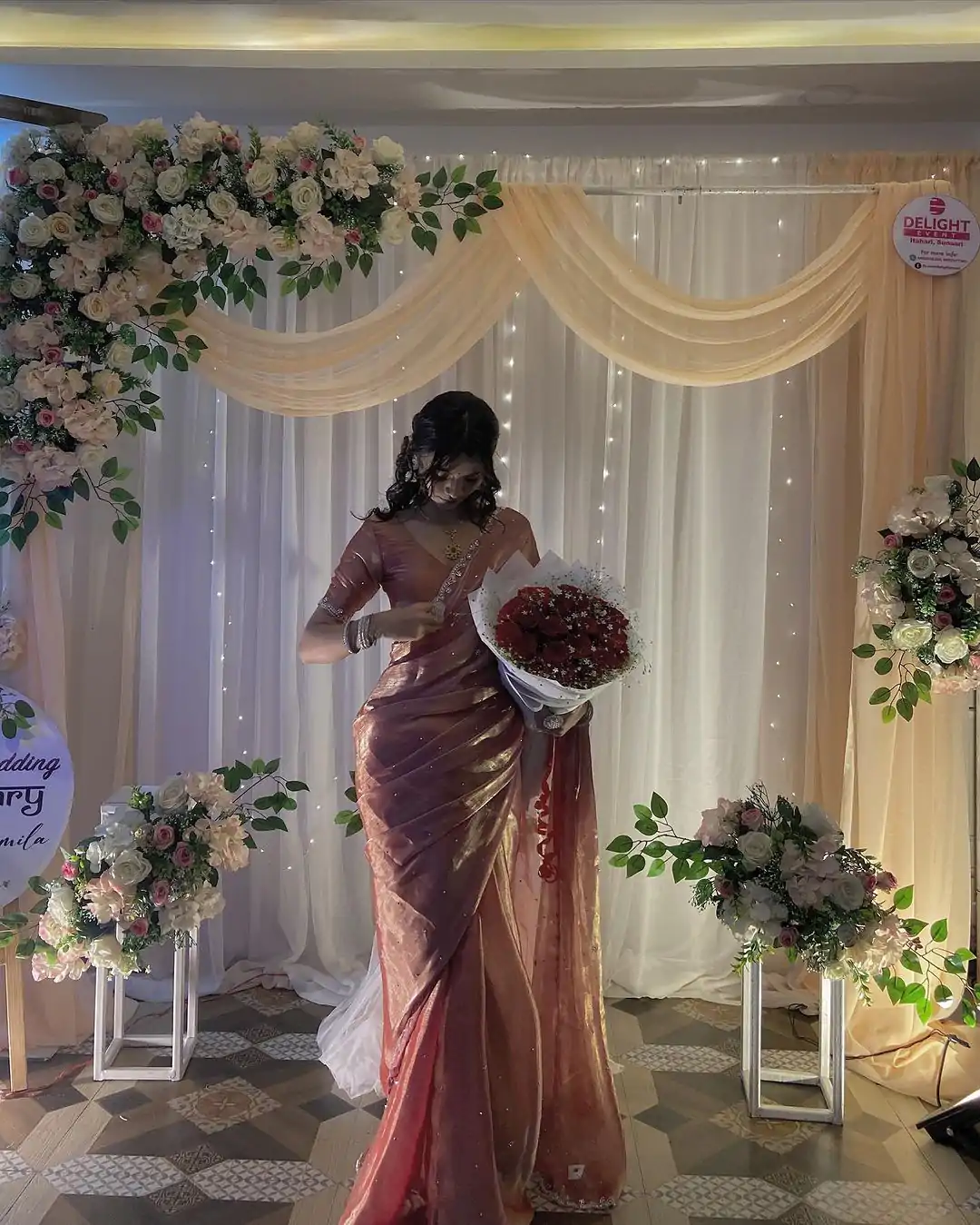 Peaceful Peach Color Burberry Blooming Embroidery Zari Saree - Image 9