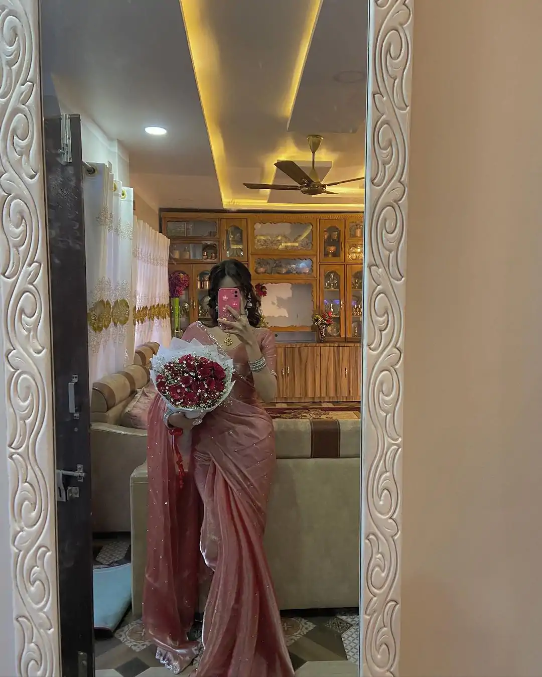 Peaceful Peach Color Burberry Blooming Embroidery Zari Saree - Image 7