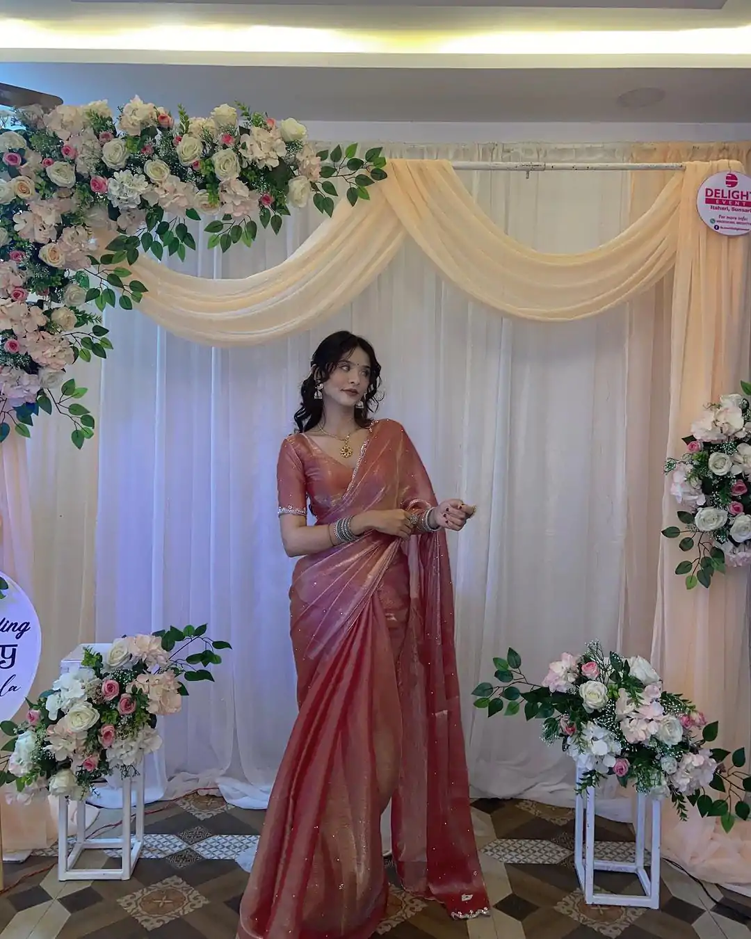 Peaceful Peach Color Burberry Blooming Embroidery Zari Saree