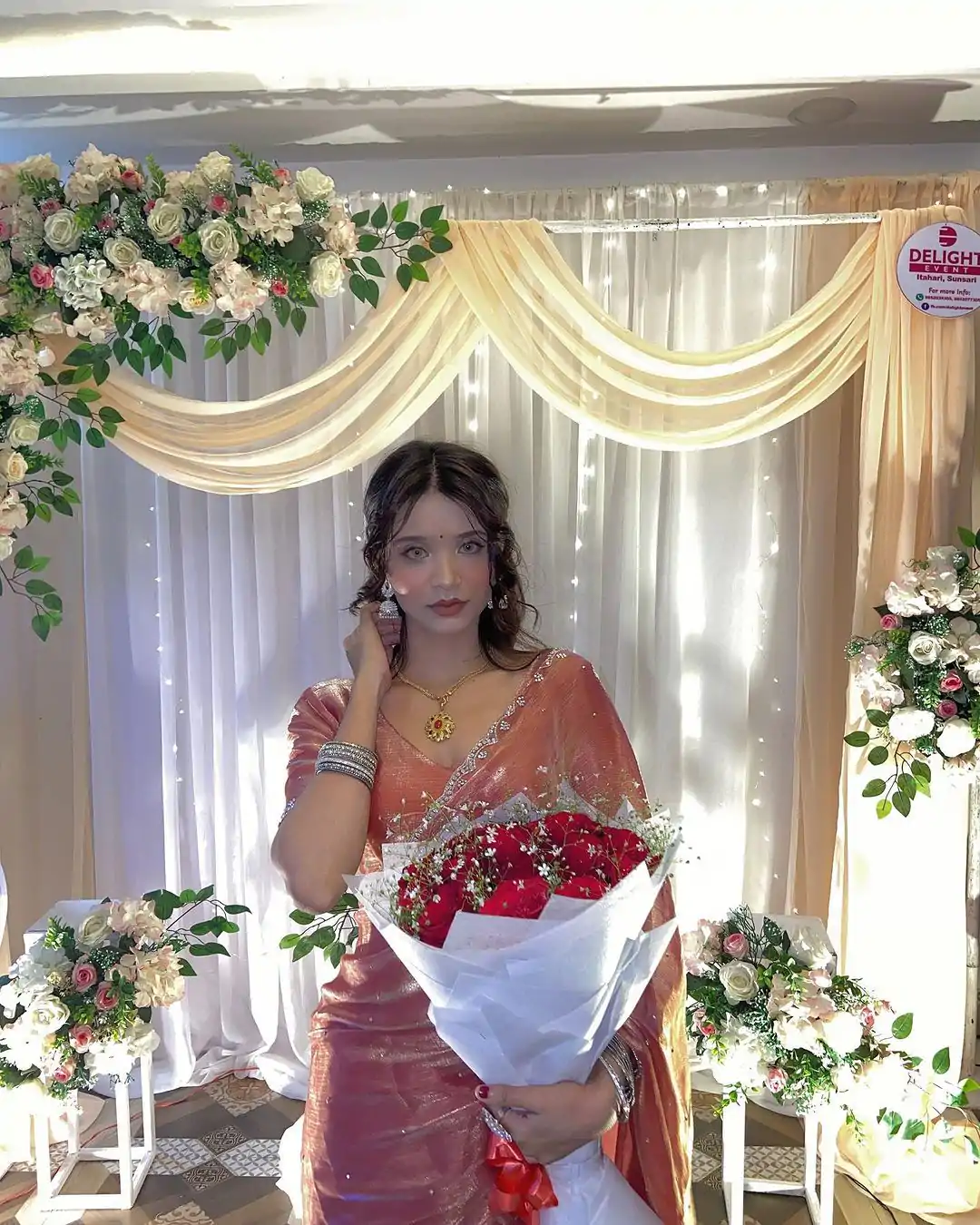 Peaceful Peach Color Burberry Blooming Embroidery Zari Saree - Image 6