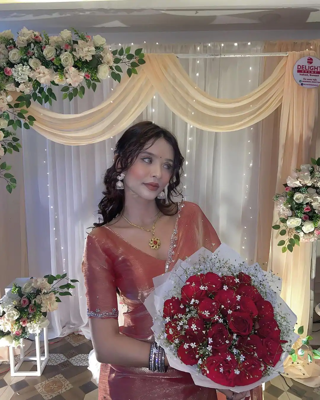 Peaceful Peach Color Burberry Blooming Embroidery Zari Saree - Image 5