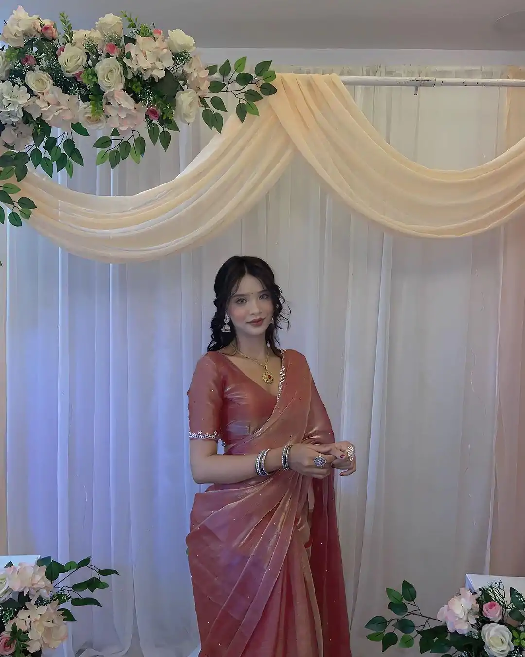 Peaceful Peach Color Burberry Blooming Embroidery Zari Saree - Image 4