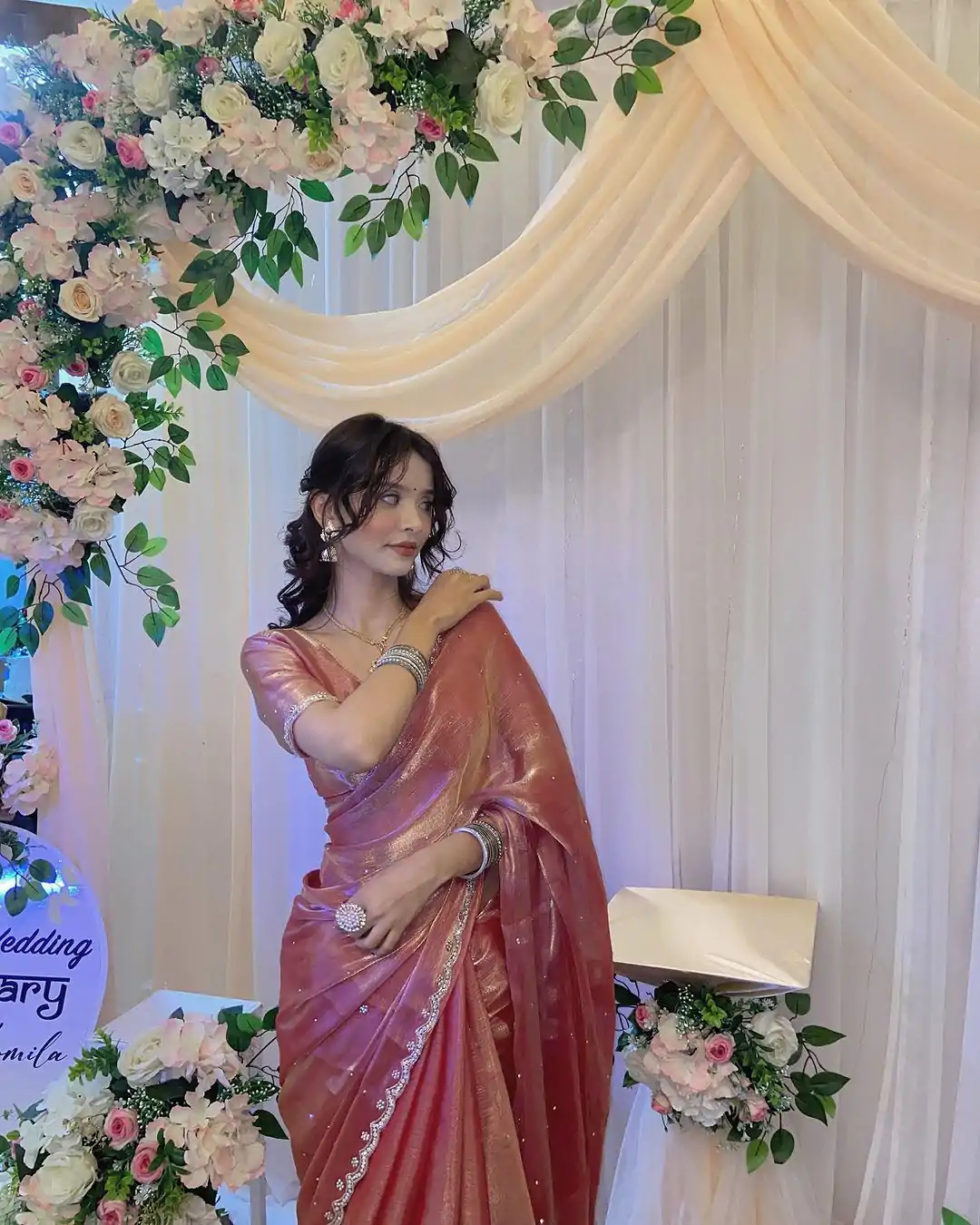 Peaceful Peach Color Burberry Blooming Embroidery Zari Saree - Image 3