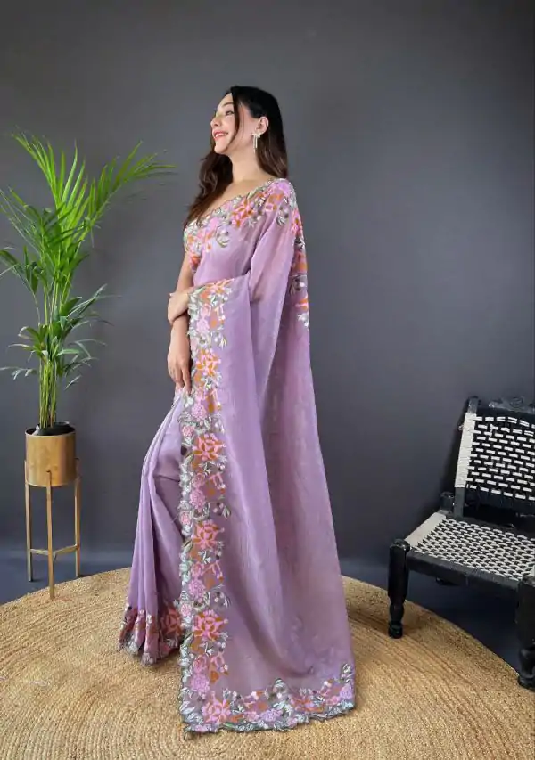 Peaceful Purple Color Soft Glossy Silk Embroidery Saree