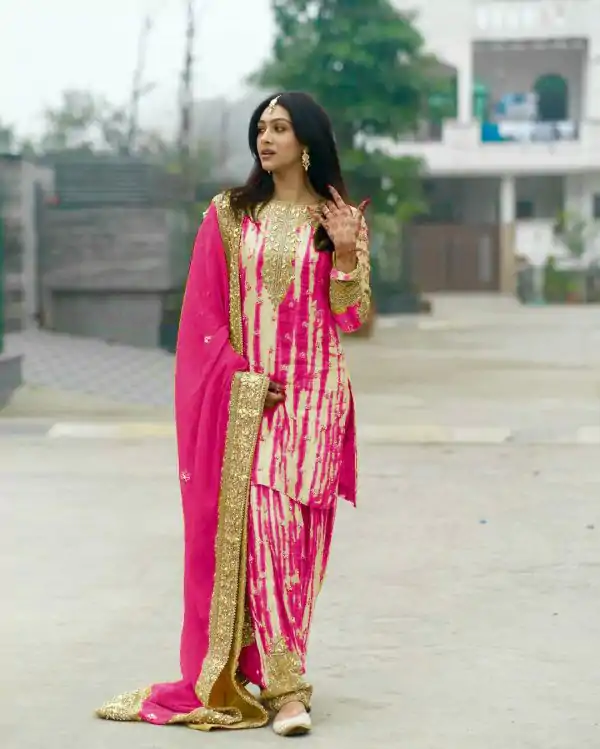 Super Pink Chinnon Digital Printed Embroidery Salwar Suit