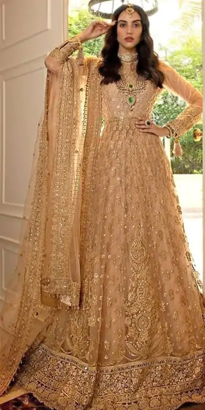 Superb Golden Color Butterfly Net Embroidery Salwar Suit