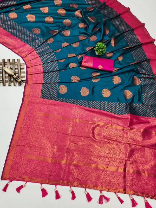 Superb Peacock Blue Color Soft Silk Copper Zari Design Saree