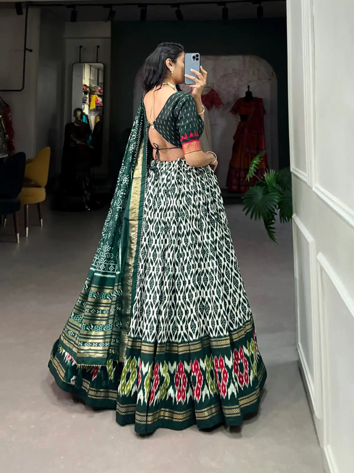 Aglow Green Color Tussar Silk Ikkat Print Foil Work Lehenga Choli - Image 2