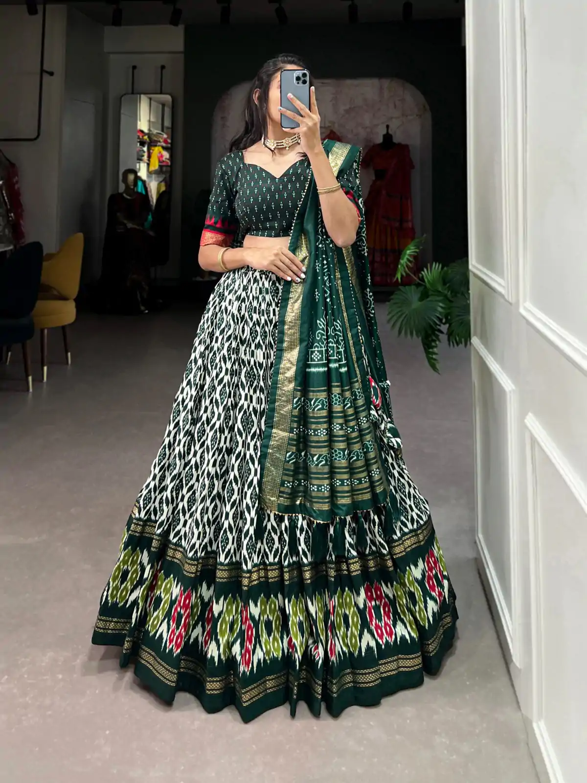 Aglow Green Color Tussar Silk Ikkat Print Foil Work Lehenga Choli