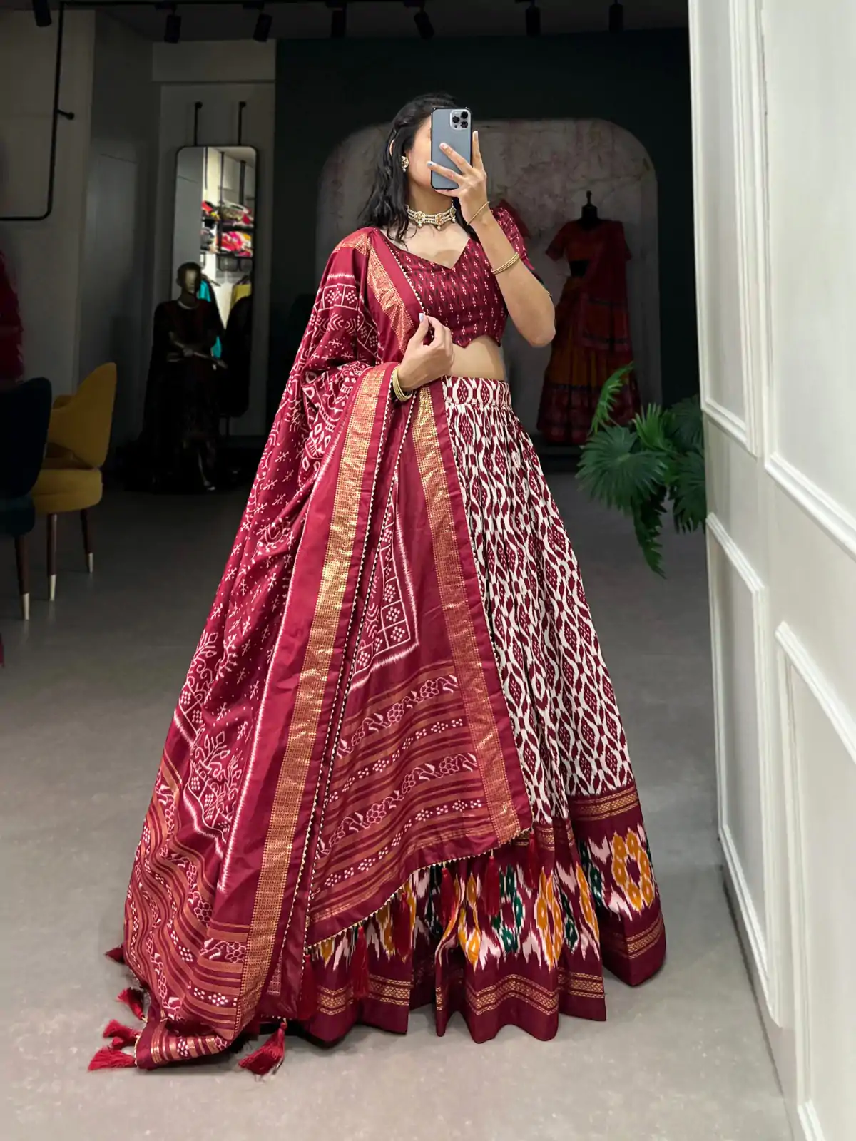 Aglow Maroon Color Tussar Silk Ikkat Print Foil Work Lehenga Choli - Image 2