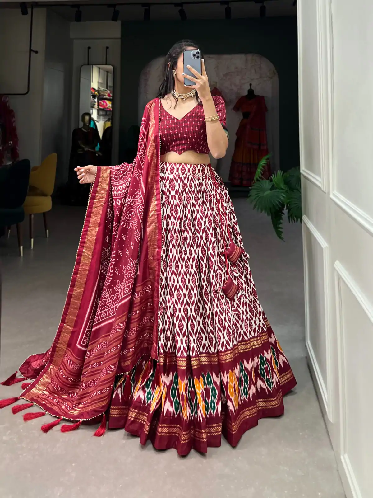 Aglow Maroon Color Tussar Silk Ikkat Print Foil Work Lehenga Choli