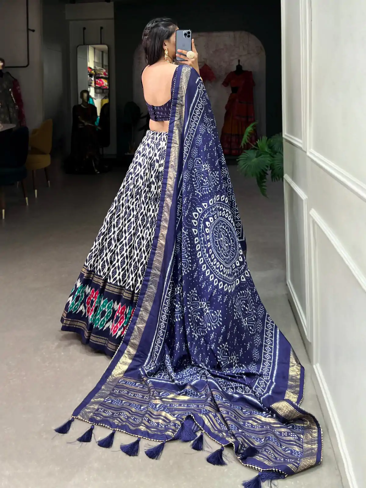 Aglow Navy Blue Color Tussar Silk Ikkat Print Foil Work Lehenga Choli - Image 3