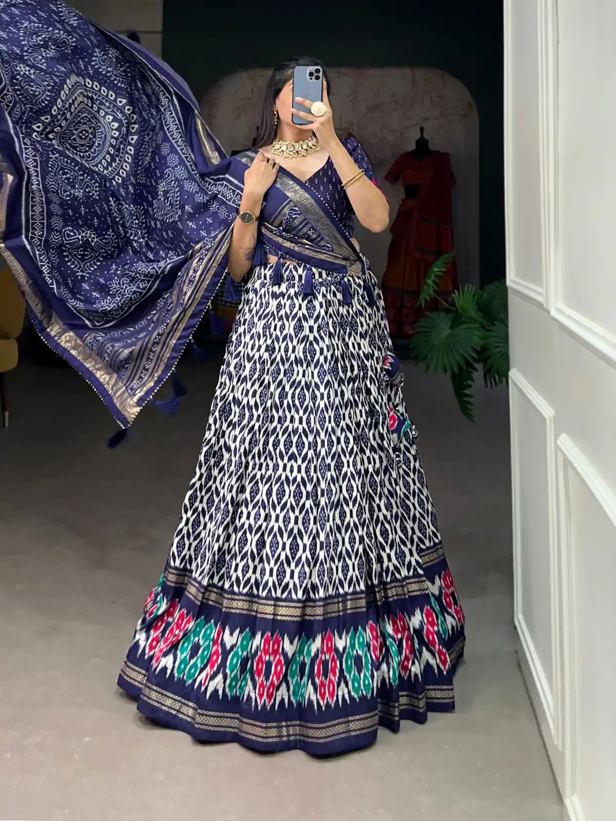 Aglow Navy Blue Color Tussar Silk Ikkat Print Foil Work Lehenga Choli