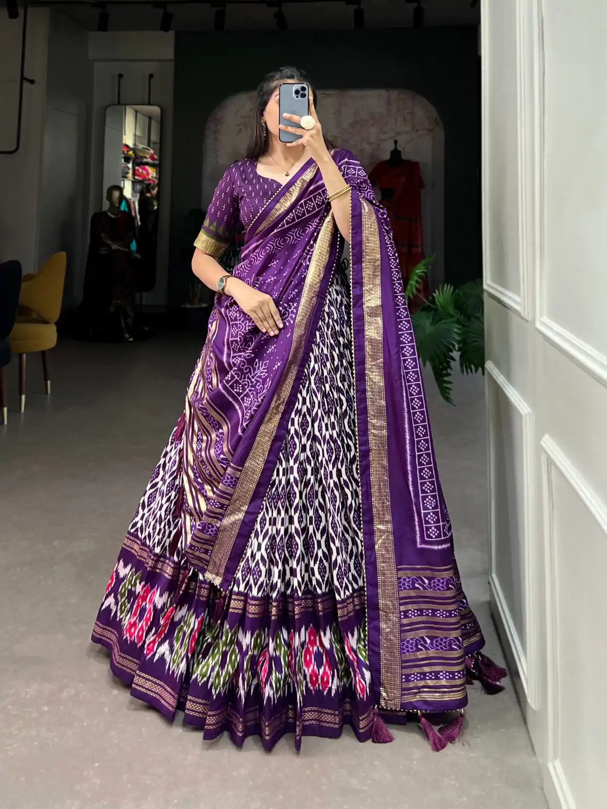 Aglow Purple Color Tussar Silk Ikkat Print Foil Work Lehenga Choli