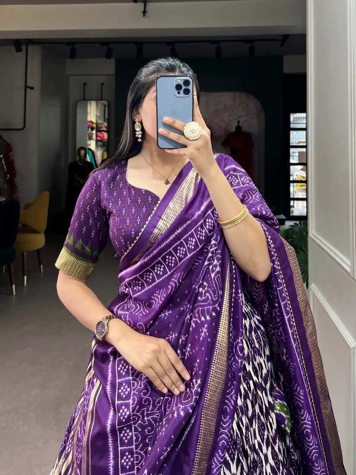 Aglow Purple Color Tussar Silk Ikkat Print Foil Work Lehenga Choli - Image 3