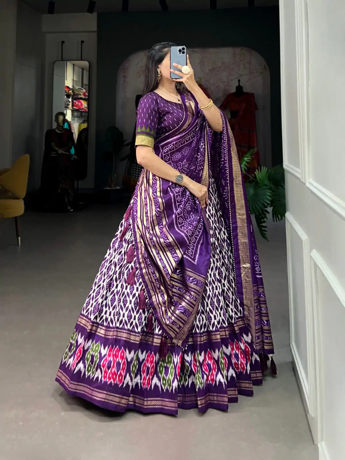 Aglow Purple Color Tussar Silk Ikkat Print Foil Work Lehenga Choli - Image 2
