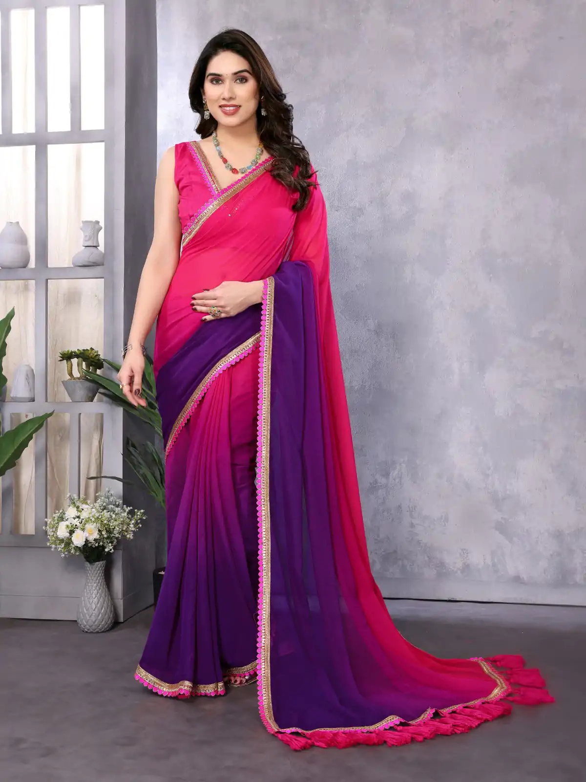 Attractive In Magenta Color Faux Peding Georgette Party Wear Saree - Image 3