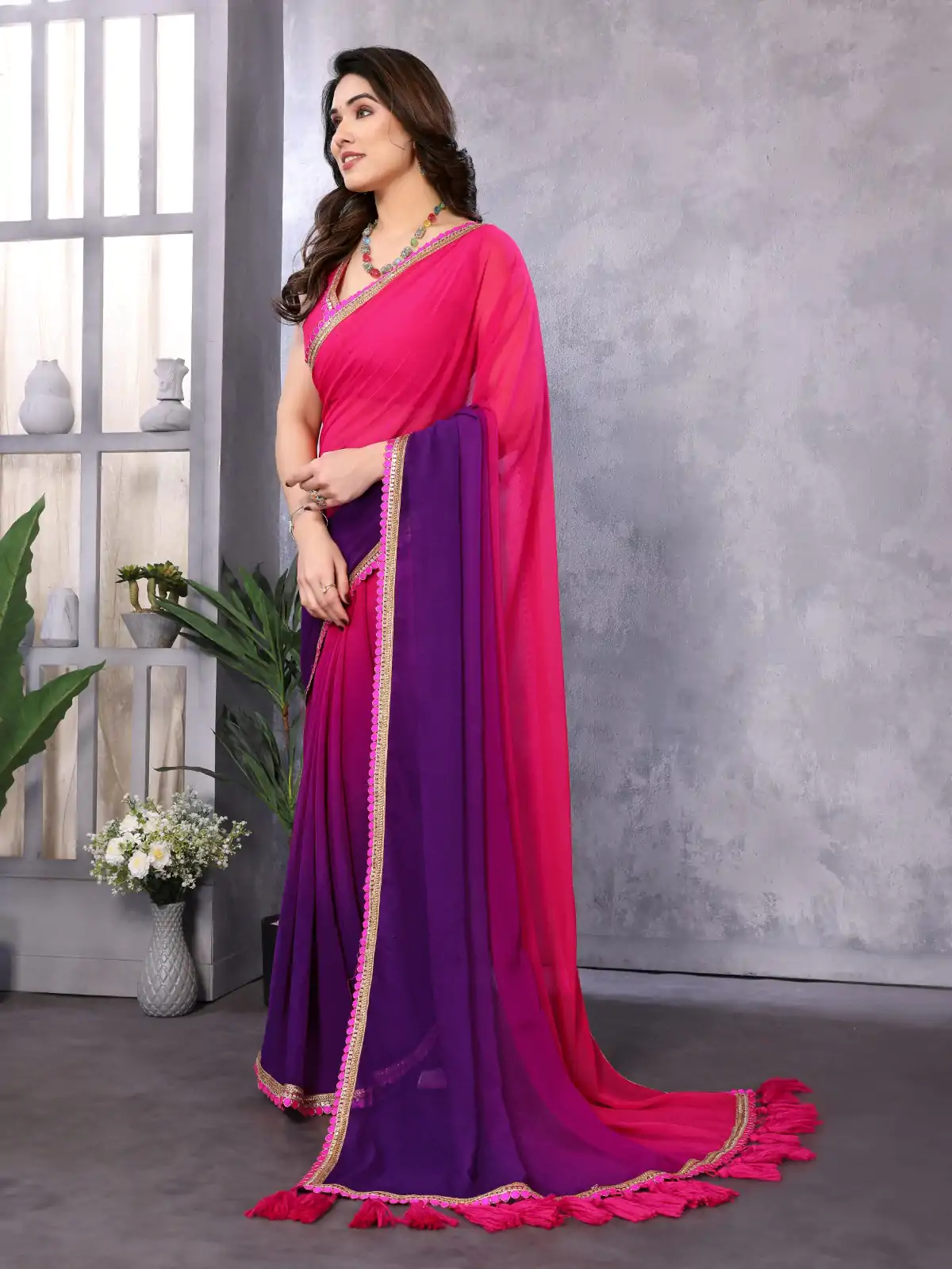 Attractive In Magenta Color Faux Peding Georgette Party Wear Saree - Image 4
